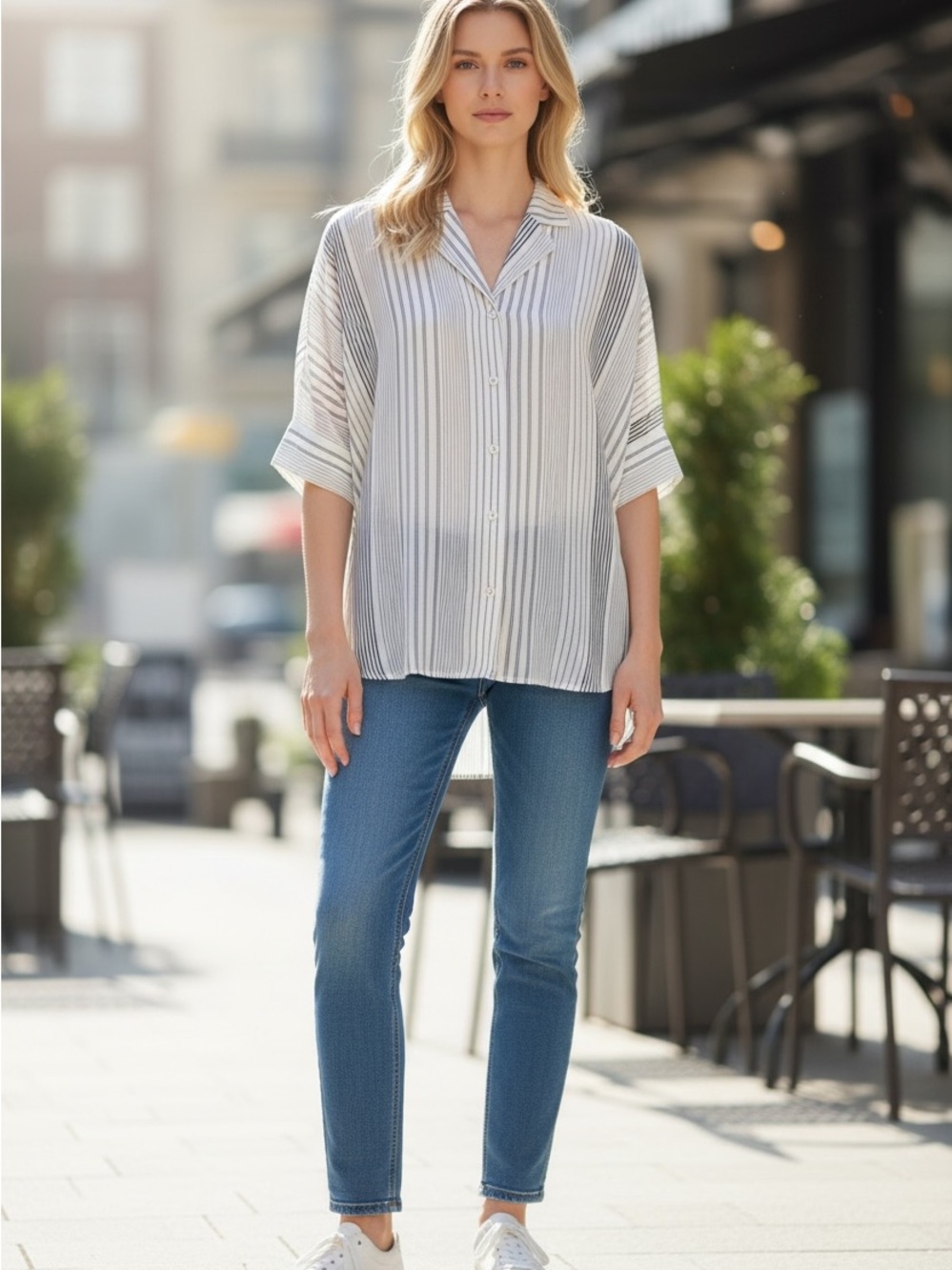 Eileen Fisher Cream and Gray Striped Button-Down Dolman Shirt Silk Medium. NWOT